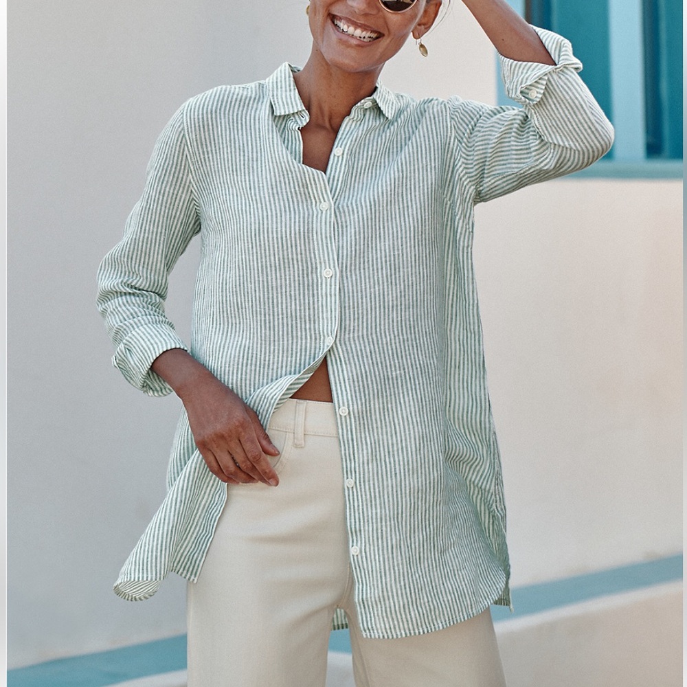 Garnet Hill Easy Linen Long Sleeve Button Down Shirt in Mint Micro Stripe Small